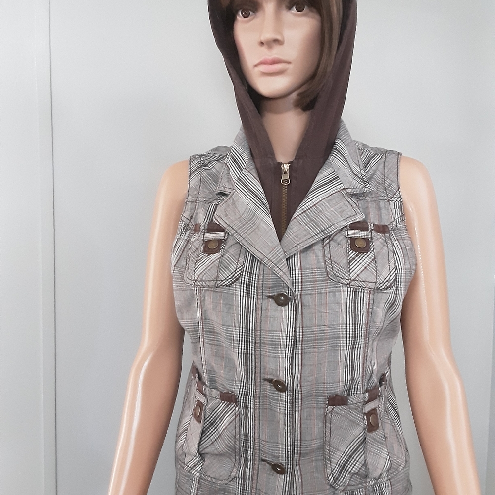 Maurice #398 Women's Vest Jacket Hoodie Size M Plaid Brown